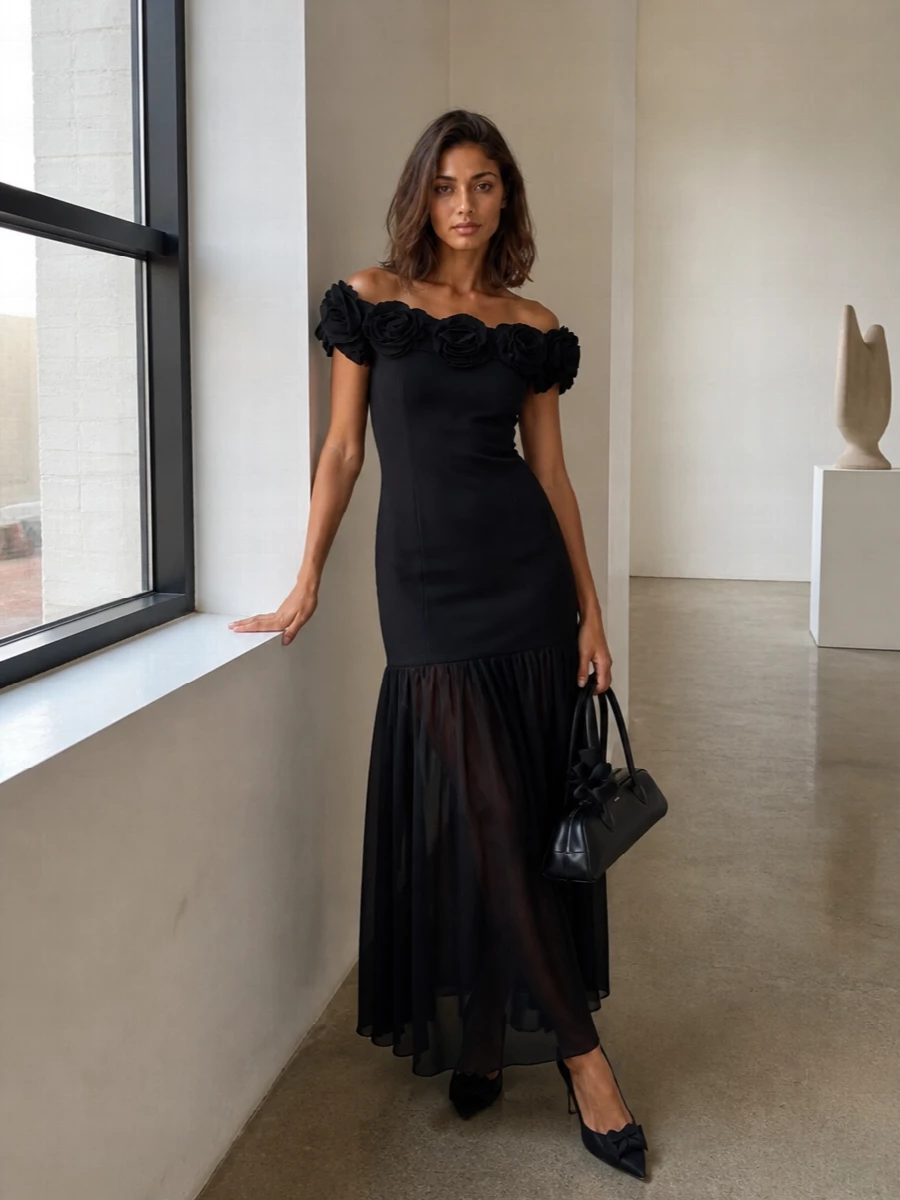 Rotate black off shoulder gown dolce heels