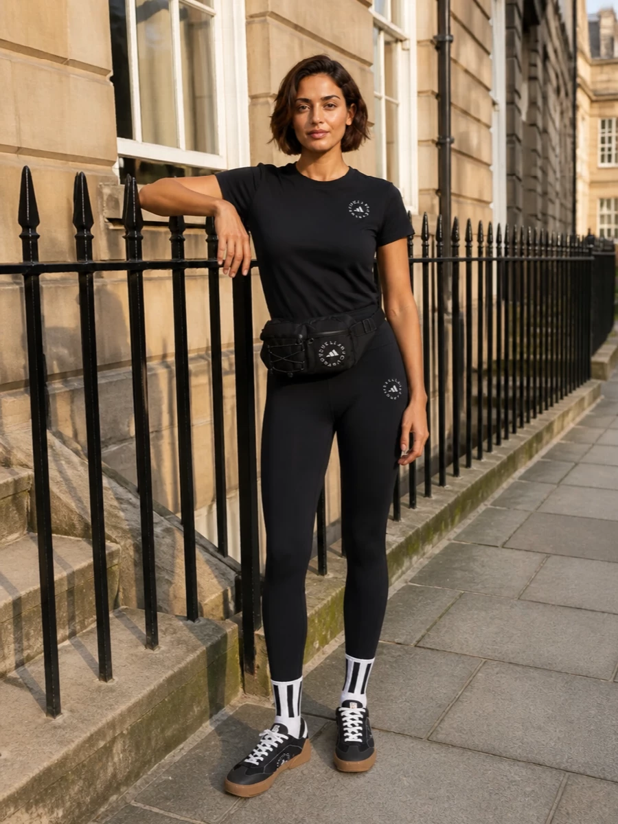 Adidas stella mccartney black tee leggings outfit
