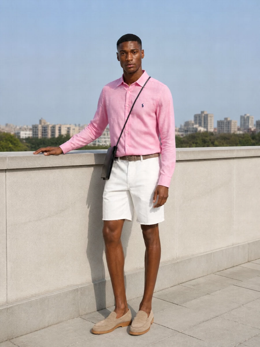 Soft pink, off-white and sand come together in a clean, collegiate summer uniform that feels relaxed but considered. The chino shorts and suede loafers sharpen the shirt just enough, while the navy crossbody and tonal suede belt finish things with quiet structure and a subtle nod to the shirt’s embroidered logo.