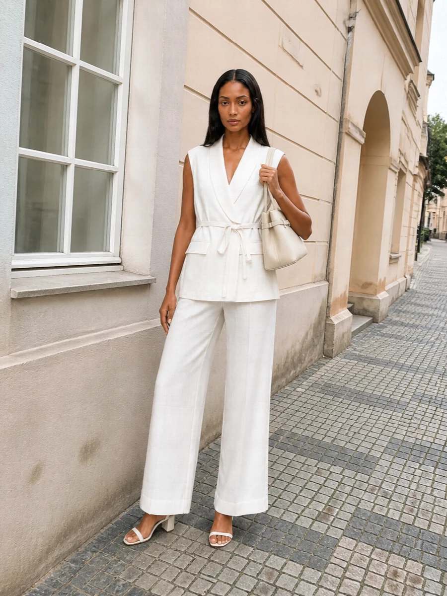 A tonal ivory column of Parosh tailoring keeps the silhouette long, clean and quietly confident. Wide-leg trousers and the belted vest work together to define the waist without stiffness. Creamy sandals and a structured buttercream bag introduce just enough depth so the monochrome feels intentional and modern rather than severe.