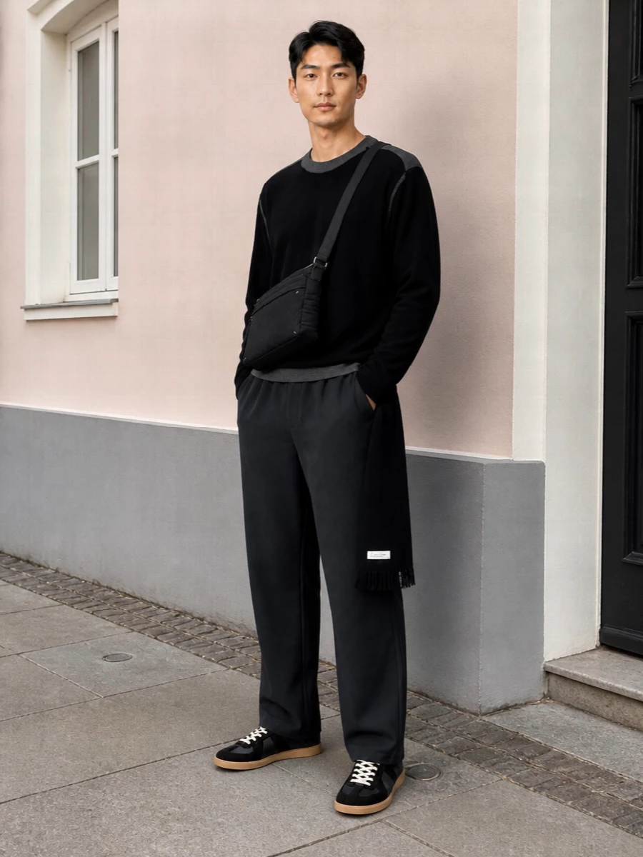 Charcoal track-inspired trousers meet a precise black and grey Mm6 knit for a clean, linear take on streetwear. Charcoal and black Margiela sneakers keep the line low and streamlined, while the quilted crossbody and black scarf add quiet texture and function without breaking the monochrome mood.