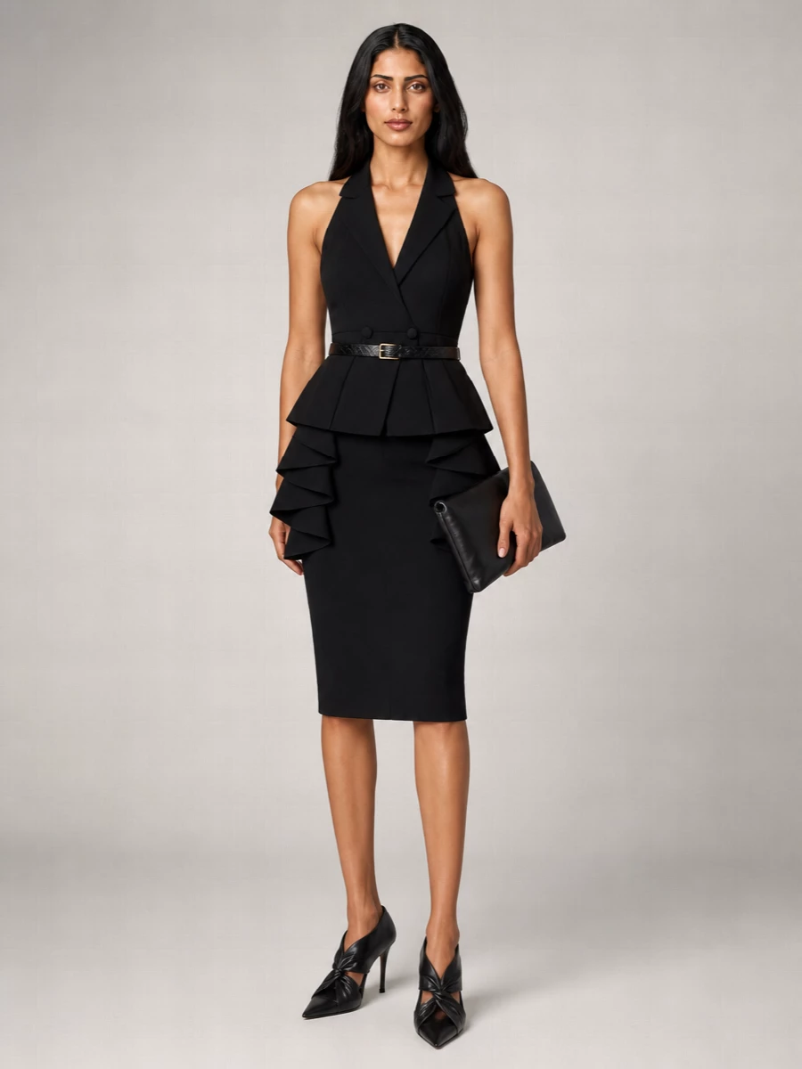 Valentino Garavani Silk Blend Ruffled Midi Pencil Skirt
