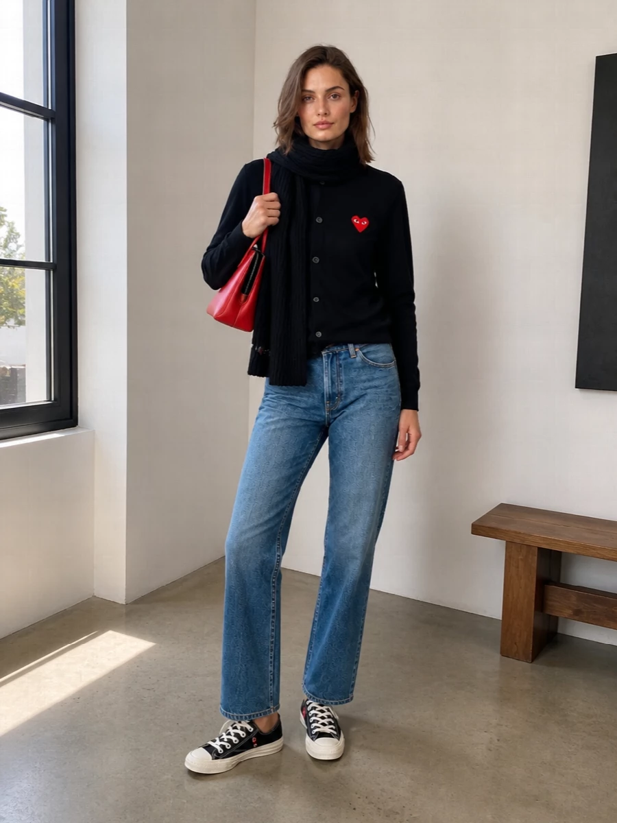 Comme des garcons play cardigan jeans red bag
