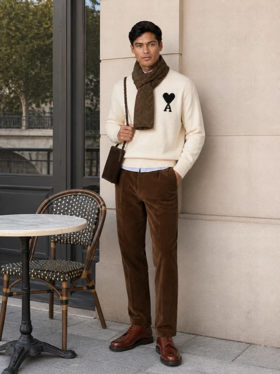 Ami paris corduroy trousers cream sweater outfit