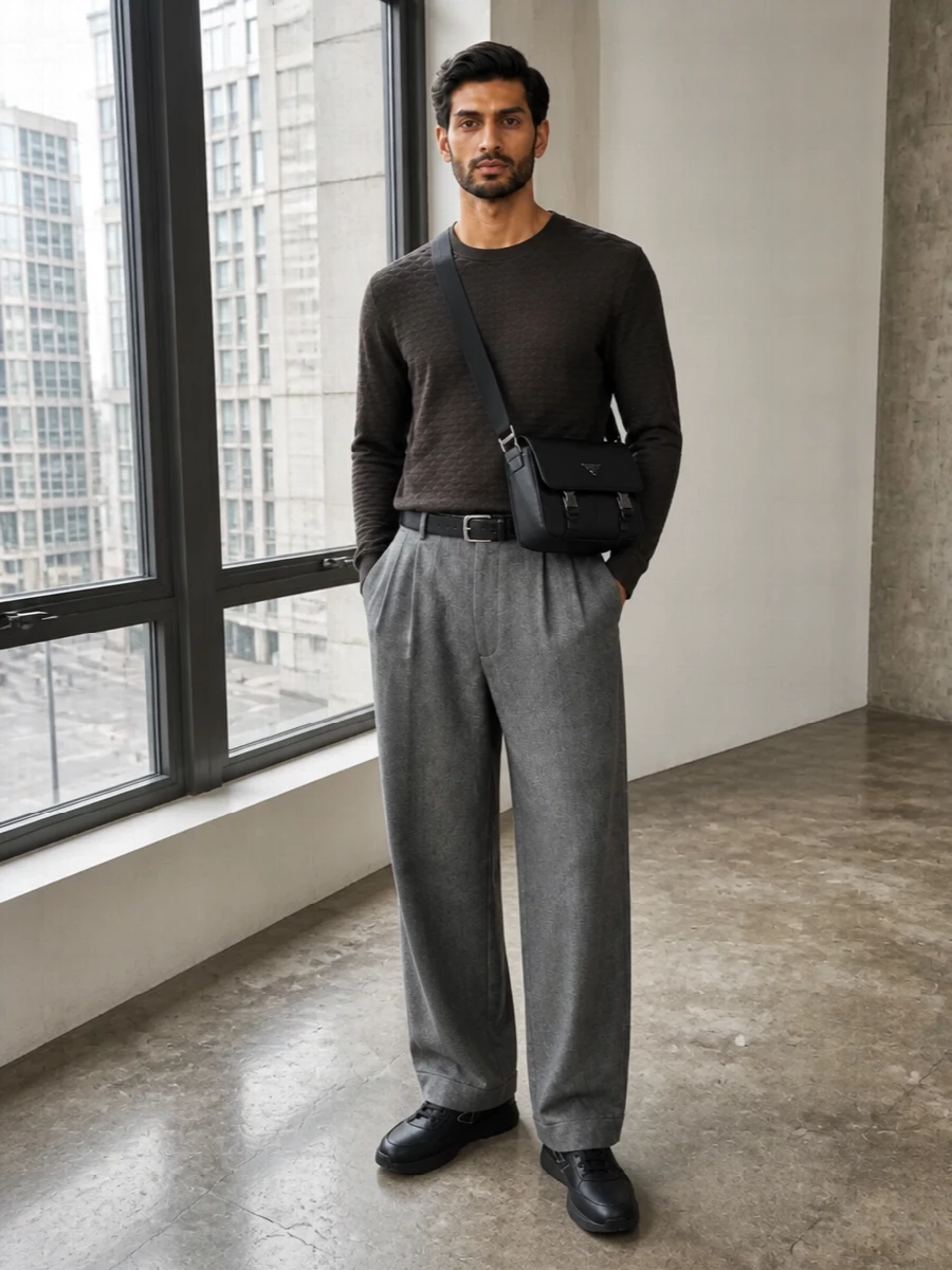 Giorgio armani grey wide leg trousers outfit