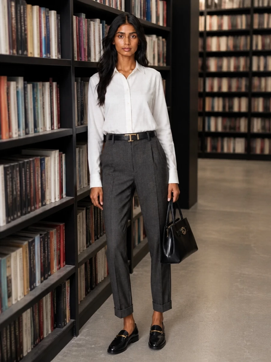 Charcoal pleated trousers meet a soft white shirt for a clean, precise take on modern tailoring. Black leather loafers and a structured trapeze bag ground the neutrals, while a slim black belt quietly defines the high-rise waist. The result is a quietly confident office-to-dinner ensemble that reads polished without feeling rigid.