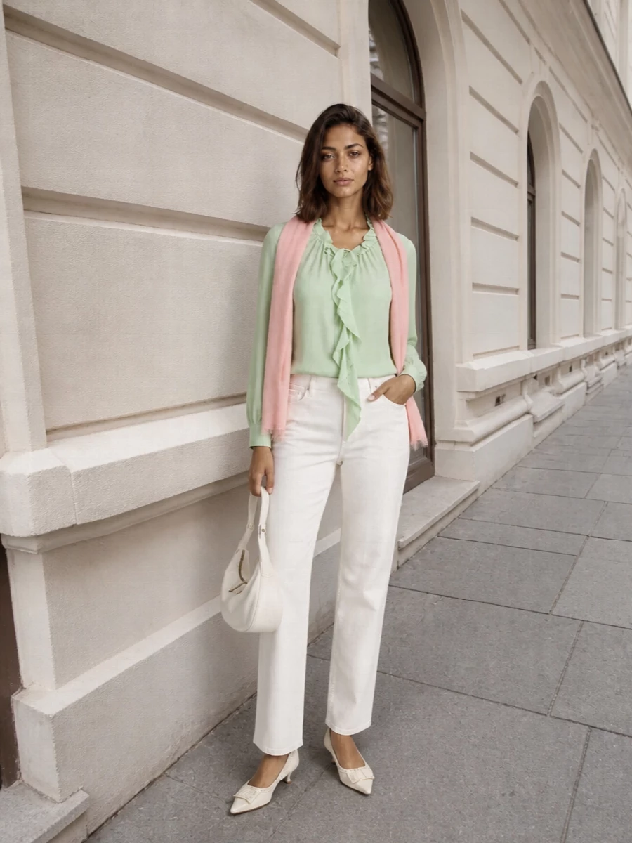 Victoria beckham mint blouse ivory trousers