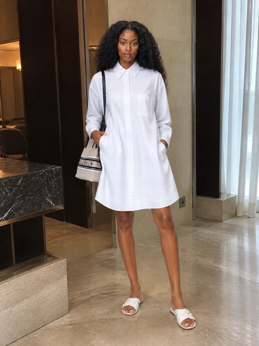 Choosing the dress route keeps the story clean, turning the white Bottega shirt dress and Balmain tote into a quietly polished summer uniform. The crisp volume of the dress plays against the bag’s structure, while the ivory Tod’s slides keep everything light, neutral and easy for city days or coastal weekends. It is a modern take on preppy shirting that feels intentional without trying too hard.