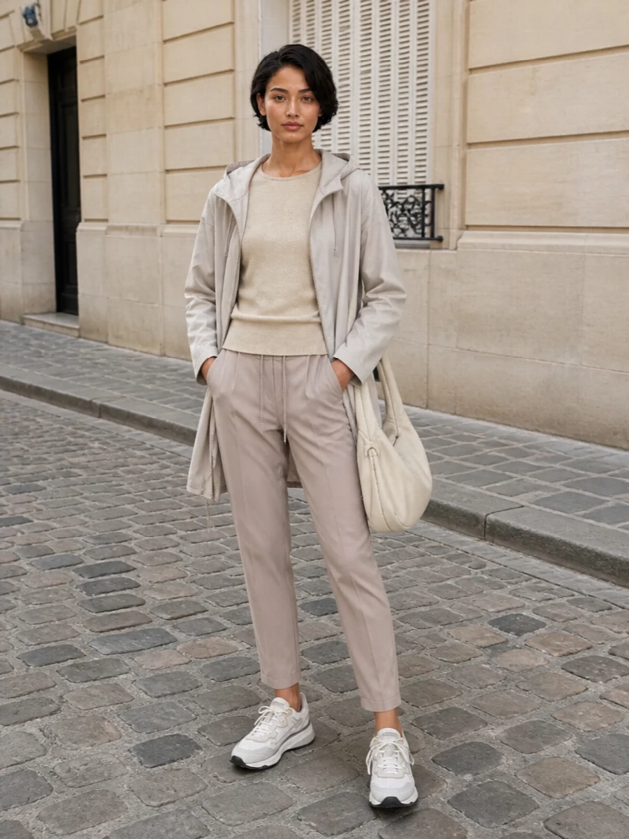 Herno parka taupe trousers neutral sneakers
