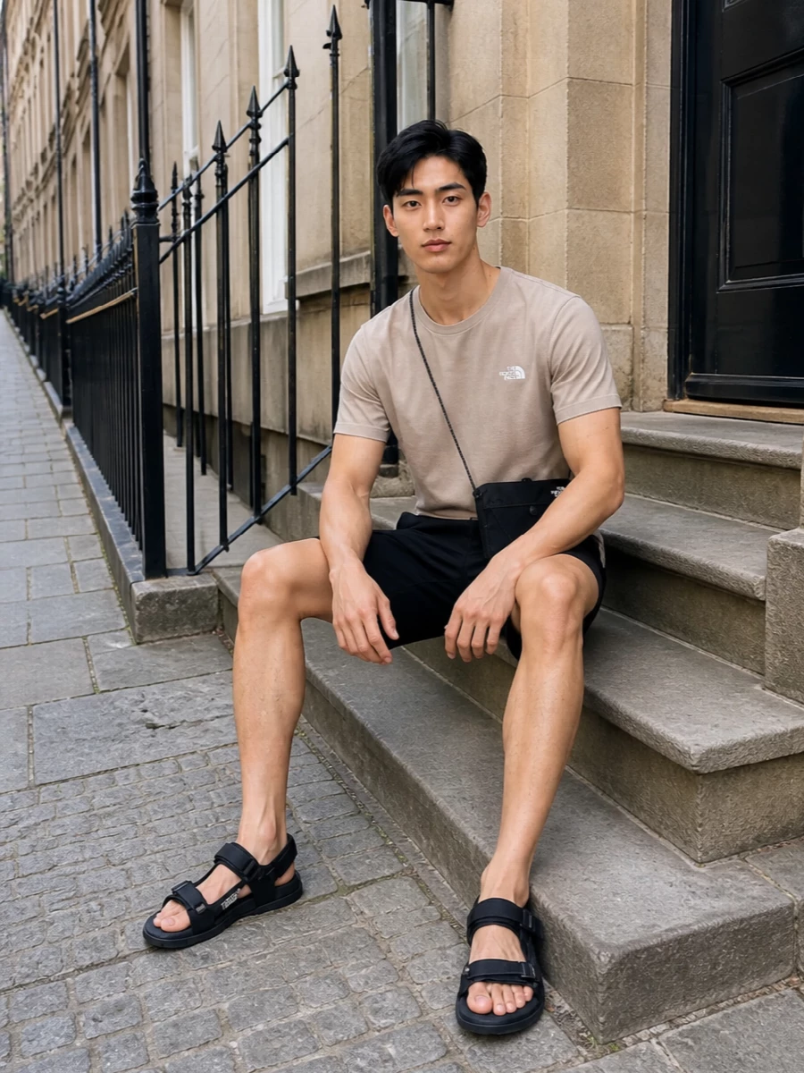 The north face tech shorts sand tee sandals