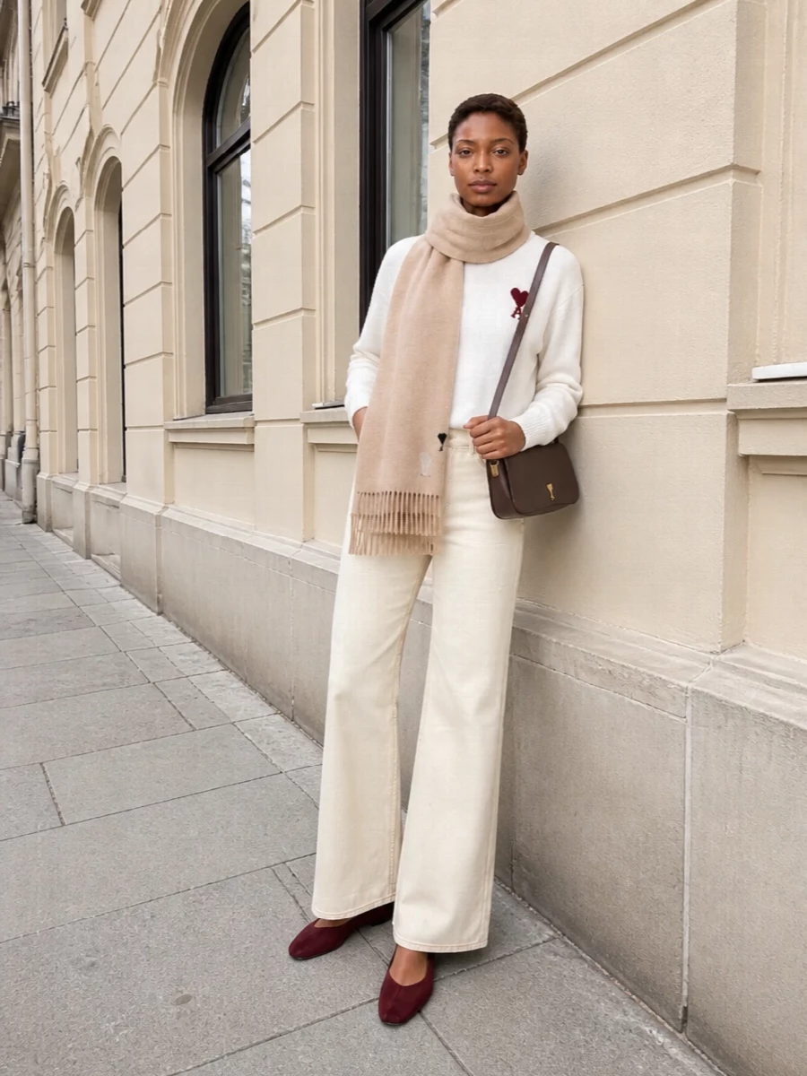 Ami paris heart sweater cream wide leg jeans