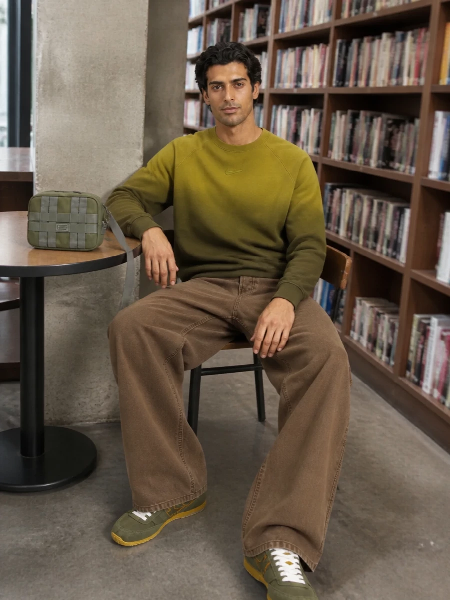 Nike’s ombré sweatshirt sits on those tobacco wide-leg Ami jeans with a relaxed, skate-inflected proportion that still feels clean. Olive Balmain sneakers pick up the gradient and keep the palette tight, while the Kenzo crossbody adds a small hit of utility and makes the whole mix feel ready for city days and low-key nights. It is sporty streetwear with a muted earth-tone story rather than loud branding.