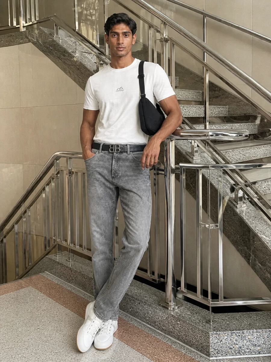 Balenciaga white tee grey balmain jeans outfit