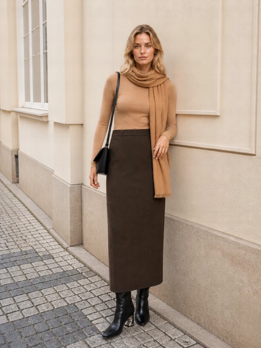 Jil sander camel top brown pencil skirt outfit