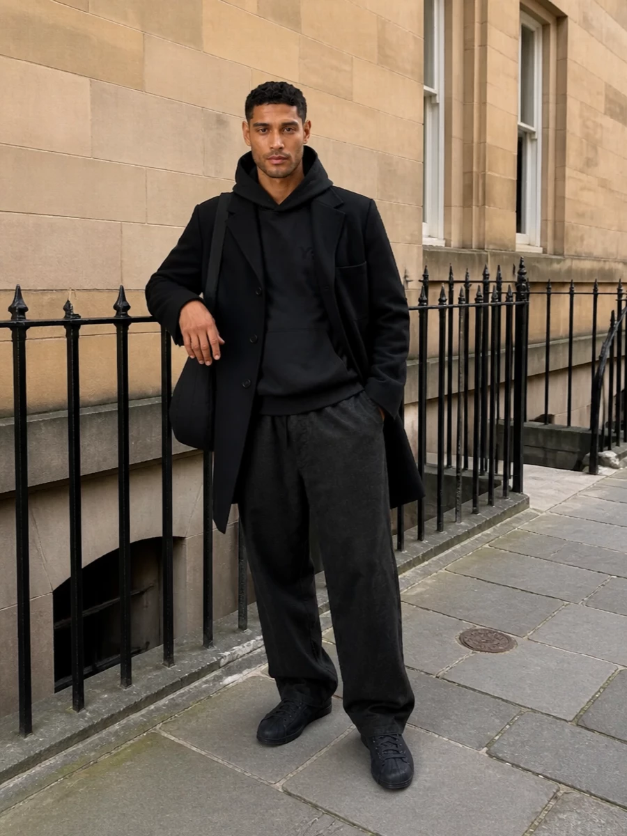 Y3 black coat outfit wide leg pants