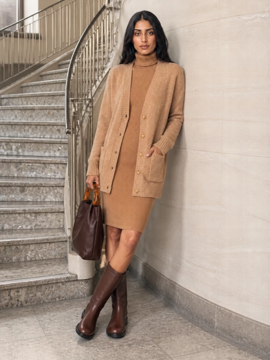Dries van noten camel cardigan sweater dress
