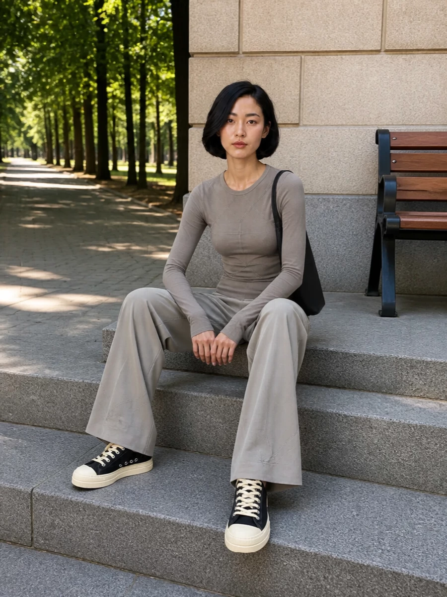 A sculpted taupe Rick top meets fluid, high-waisted wide-leg trousers for a long, architectural column in soft neutrals. Contrast-toe sneakers keep it grounded and urban, while a slim black shoulder tote adds a sharp, graphic finish. The result is quiet, directional streetwear that feels precise rather than precious.
