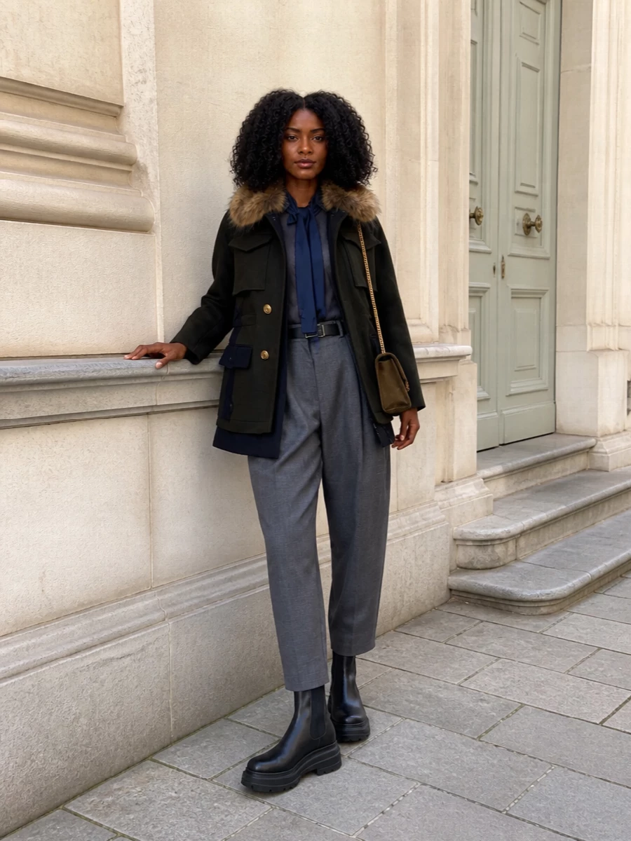 I am building around the coat with tailoring rather than a dress, so the Sacai shirt and sculpted trouser create a clean, intellectual base that respects its military structure. Deep olives, charcoals and inky blacks keep the palette tight, while the platform boots and suede shoulder bag add weight and texture without breaking the quiet-luxury line. The result is a sharp urban uniform that feels considered from boardroom to late dinner in winter light.