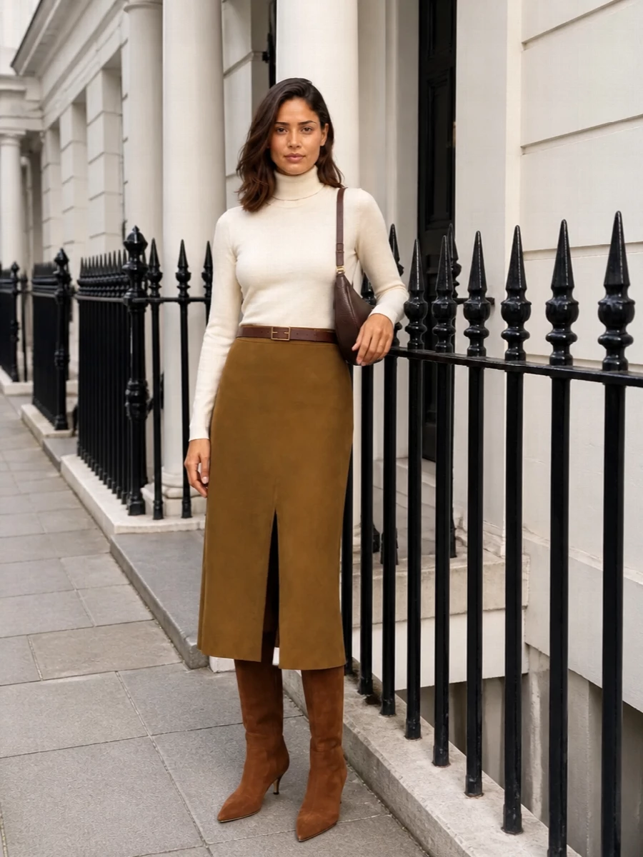 Vince camel midi skirt ivory knit suede boots