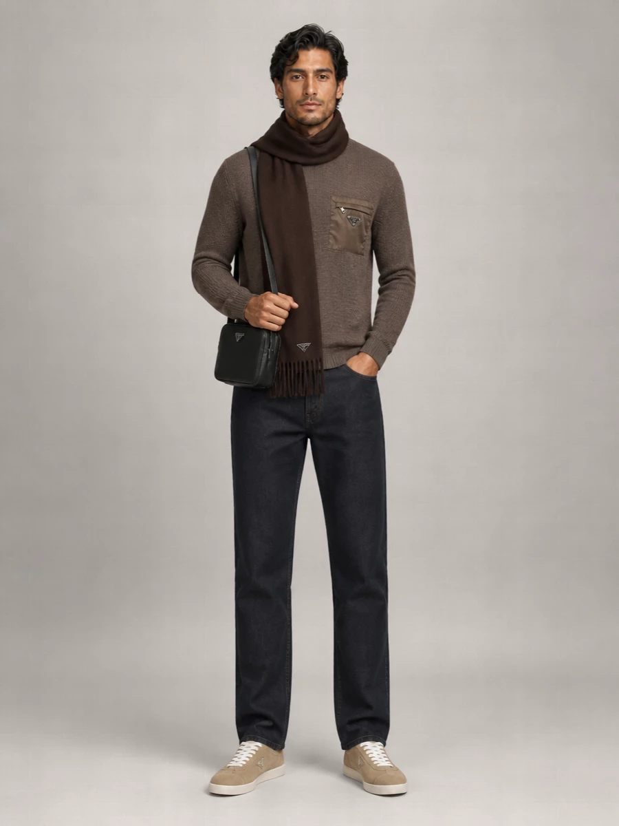 Prada Virgin Wool Ribbed-Sleeve Crew-Neck Sweater