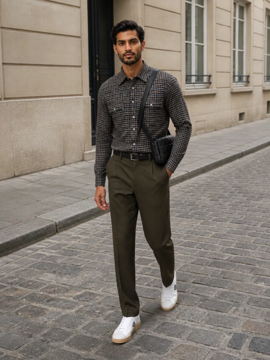 Prada checked shirt olive tailored trousers outfit