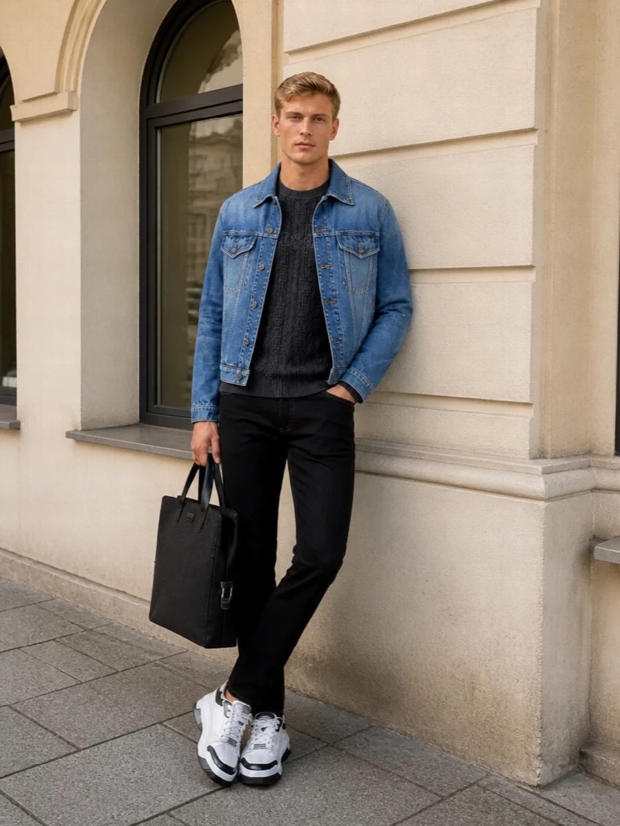 Versace denim jacket black jeans sneakers