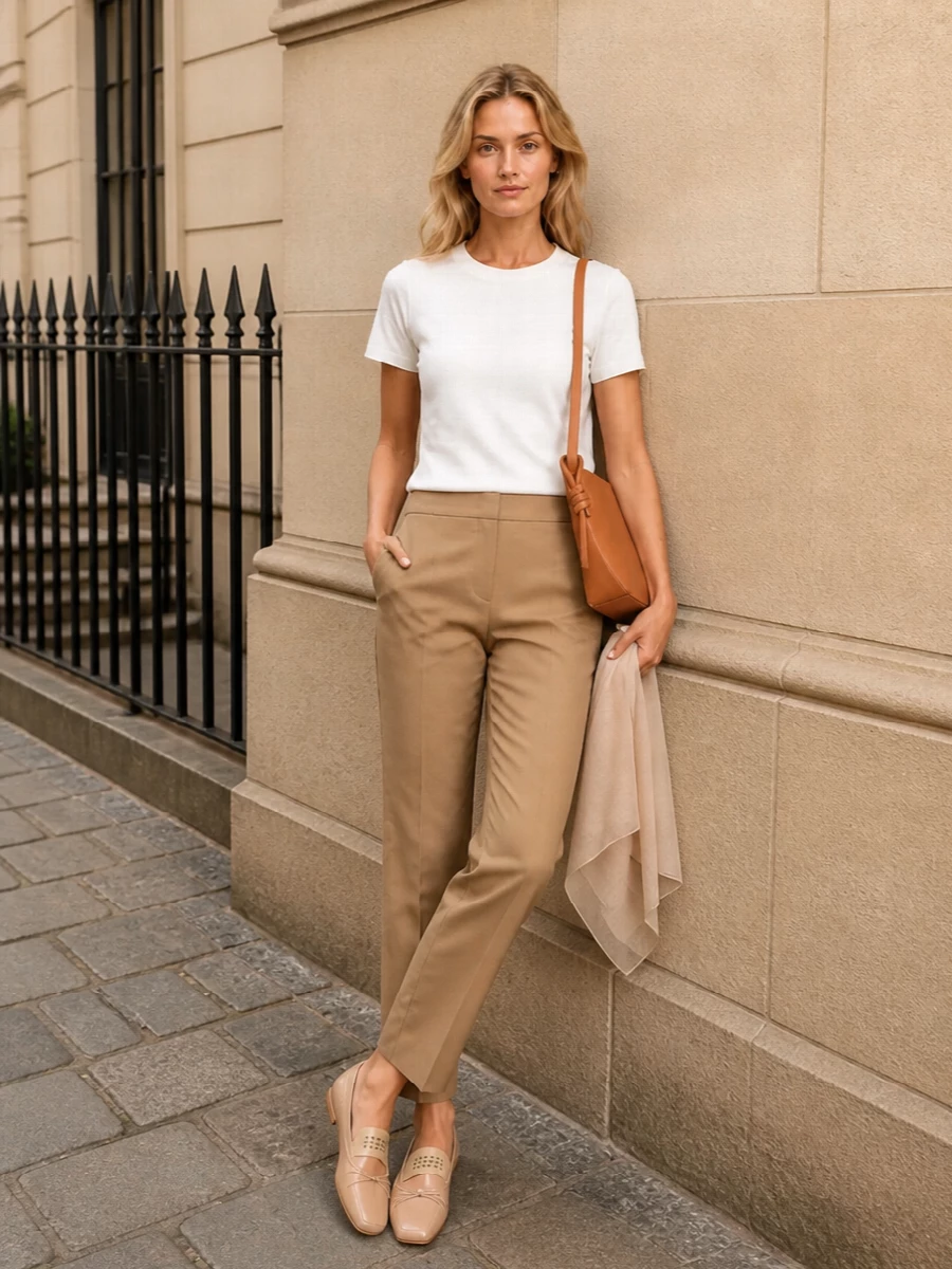 A crisp Max Mara tee meets camel tailoring for a quietly confident warm-weather outfit that reads polished without feeling formal. Nude Margiela flats and a tan cross-body soften the palette and keep everything easy to wear. A sheer nude scarf finishes with a subtle, tonal layer rather than overt detail.
