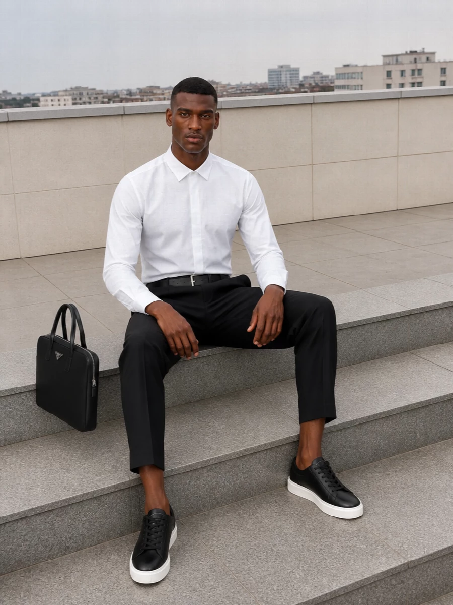 A crisp white concealed-placket shirt sharpens the line of the cropped black trouser, keeping the whole outfit clean and quietly formal. Black leather sneakers relax the energy just enough for modern city days, while a slim Prada briefcase and polished belt underline the precise, boardroom-ready mood.