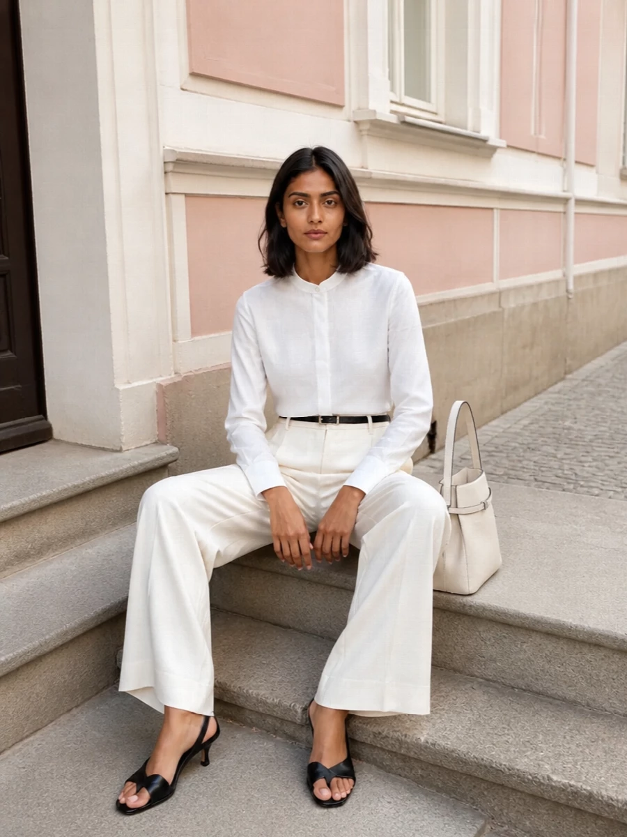 Toteme white shirt wide leg trousers outfit