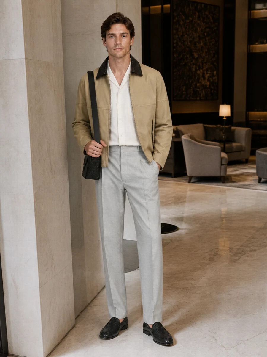 A sand and soft-white base, anchored by light grey tailoring and black intrecciato accents, creates a calm, precise palette. The proportions stay clean and regular, so the woven details and collar quietly carry the interest. It is an easy warm-weather city outfit that moves from desk to dinner without breaking its minimalist line.