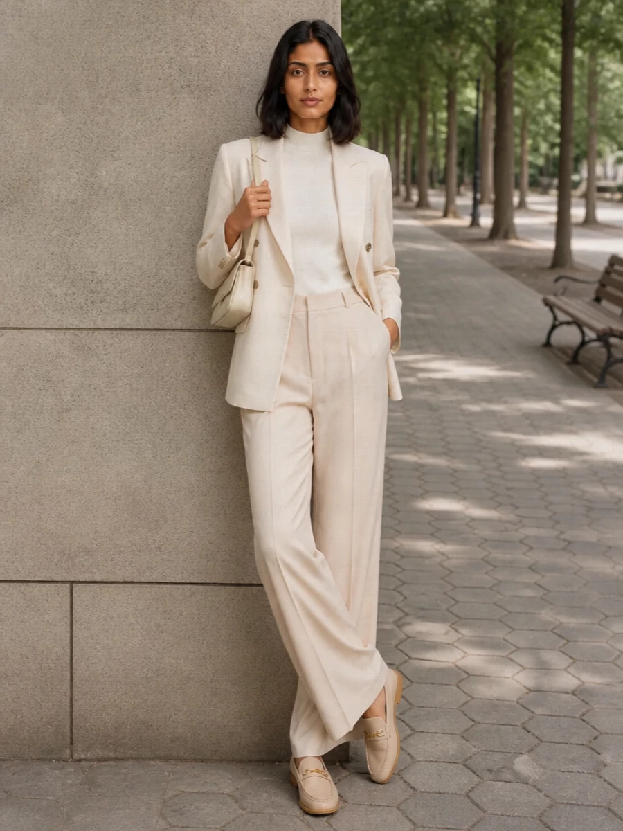 I am building this around the trouser path rather than a dress, because the blazer wants that clean, elongated tailoring story in tonal ivory and sand. The mock‑neck shell, high-rise wide leg and low-heel loafers keep everything serene and columnar, while the buttercream shoulder bag finishes it with considered structure. It is soft-power dressing for bright city days when you need ease, presence and nothing loud.