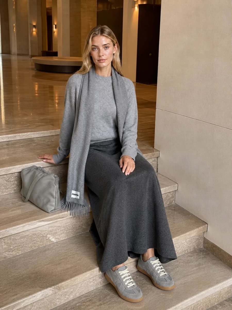 Extreme cashmere grey sweater knit maxi skirt