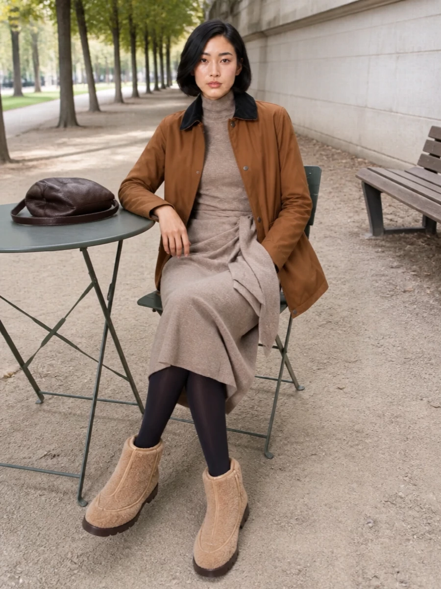 Anchoring the outfit with the knit dress rather than tailoring keeps the Woolrich field jacket in its natural element, relaxed and practical without diluting the quiet-luxury feel. The taupe column and caramel outerwear create a warm, tonal story that the chocolate shearling boots and bag deepen, so everything reads intentional yet unforced. It is an off-duty city uniform for cold days when you want real function and soft polish in equal measure.