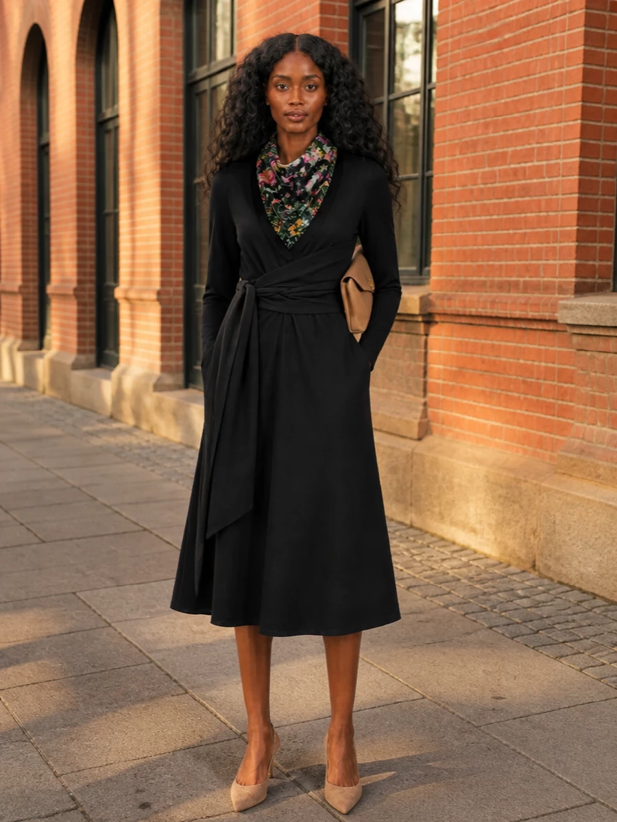 I am taking the dress route here, using the Brunello Cucinelli wrap midi as a quiet, sculpted canvas and letting the Gucci floral silk sit at the neckline or drape over the shoulders. Taupe suede slingbacks and a camel clutch keep everything in the warm, understated luxury space, so the only overt statement is the scarf’s color and heritage print. The result is a romantic autumn evening ensemble that reads polished and discreet rather than logo-driven, even with such a storied accessory at its heart.