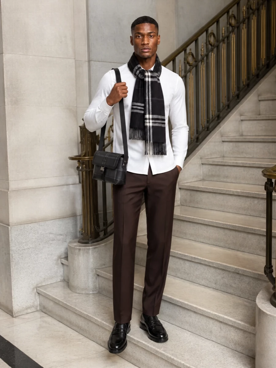 Burberry white shirt brown trousers loafers