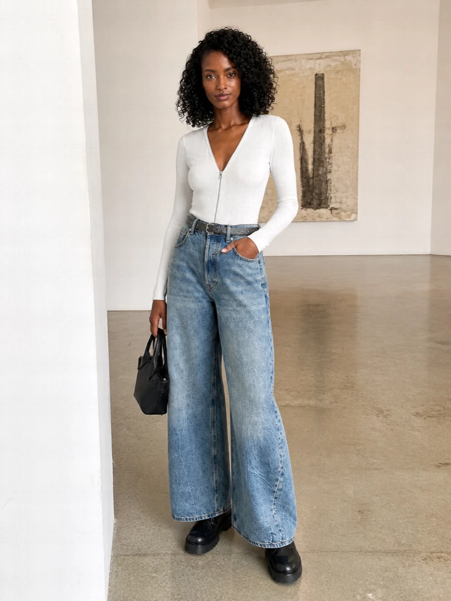 Alexander wang wide leg jeans white zip knit outfit