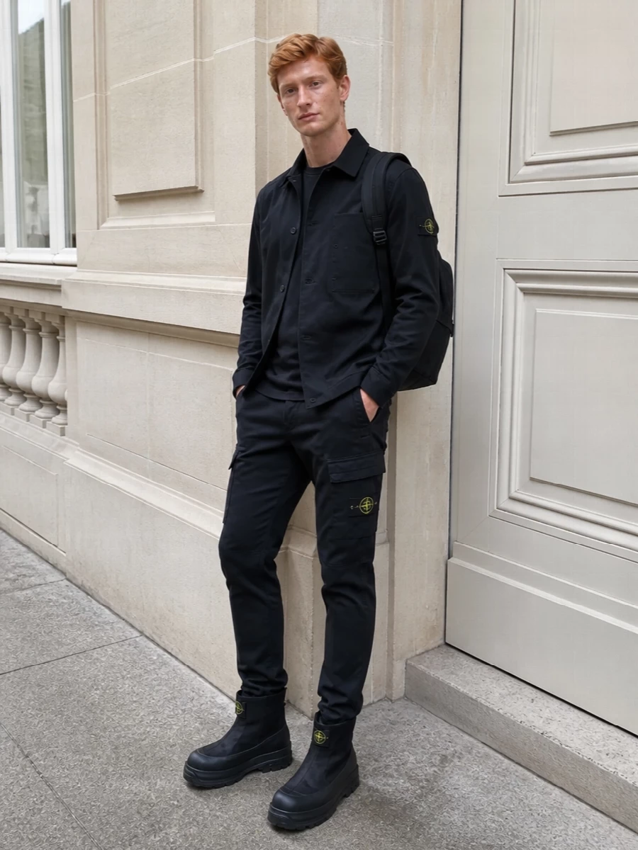 Stone island black cargo outfit boots