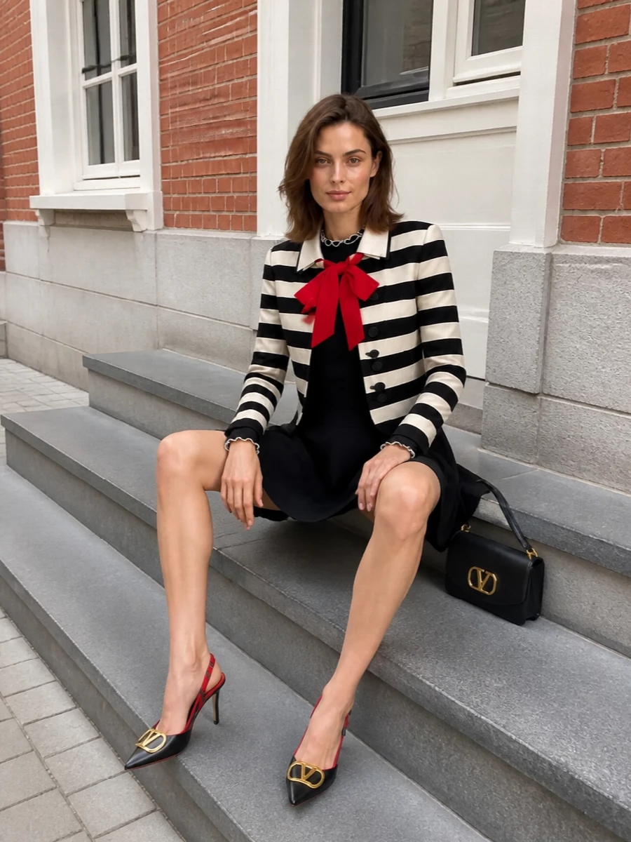 Valentino striped jacket black mini dress outfit