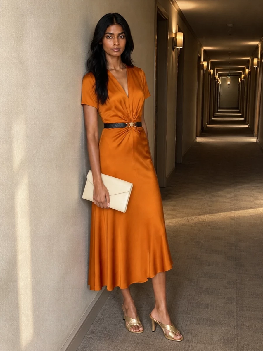 Burnt amber satin is framed by precise gold and ivory accents, keeping the mood polished for cocktail hours or dinner parties. The metallic heel and sculpted clutch bring just enough light, while a slim belt quietly sharpens the waist without disturbing the dress’s clean line.