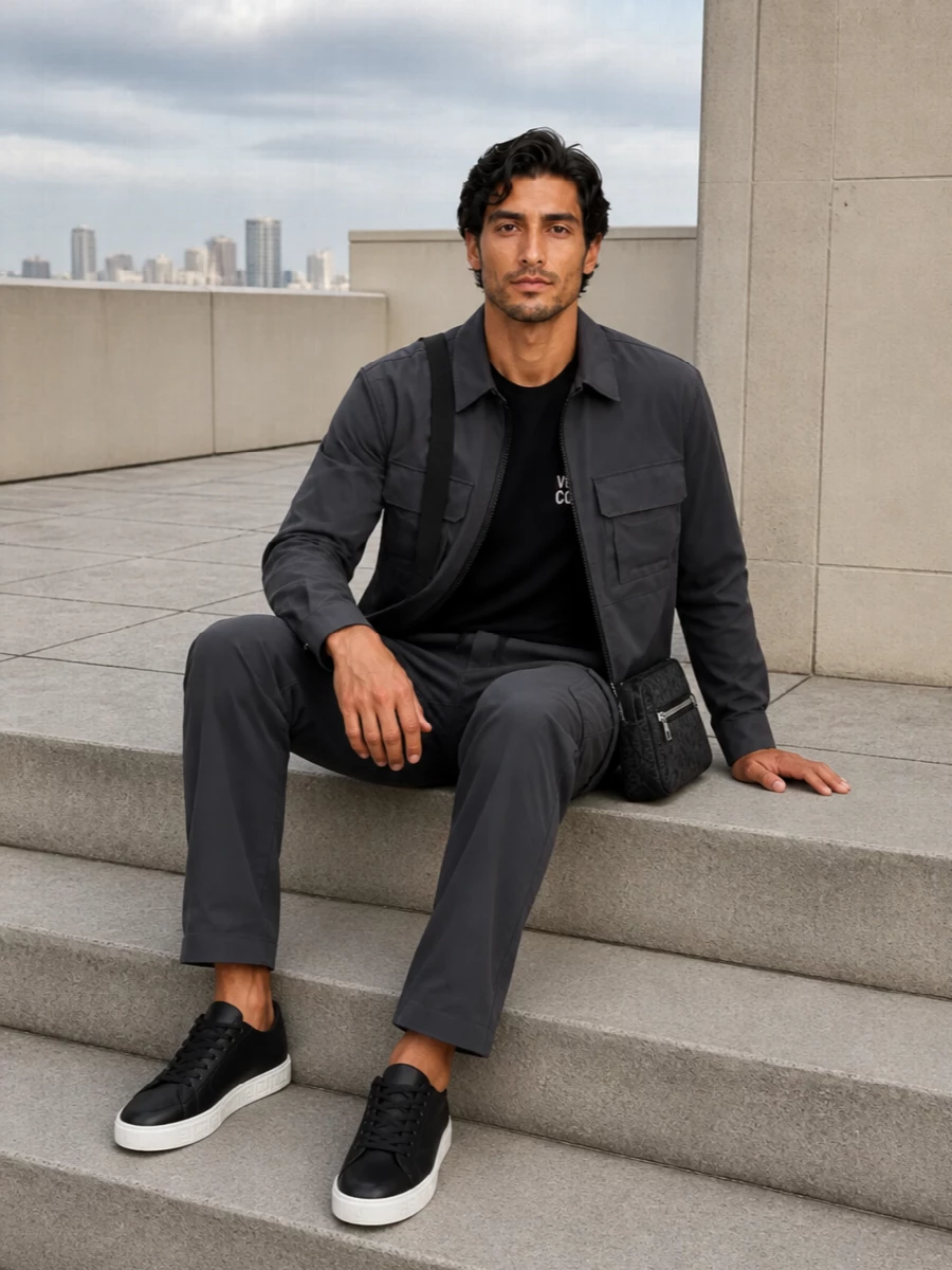 Versace utility shirt jacket charcoal cargo outfit