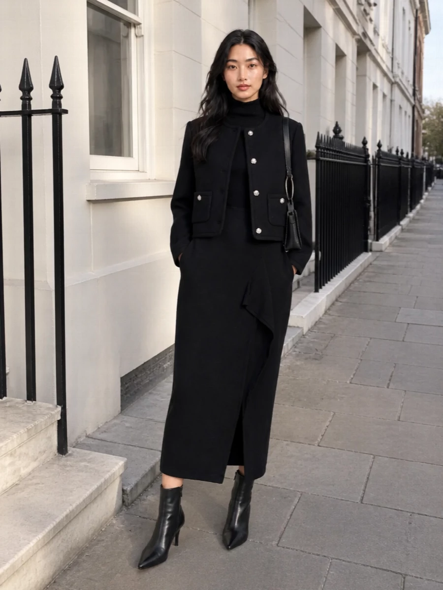 Parosh black knit midi dress dunst cropped coat