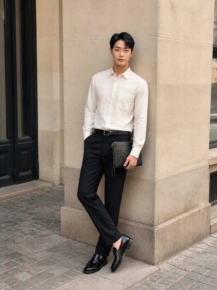 Prada black tailored trousers off white shirt