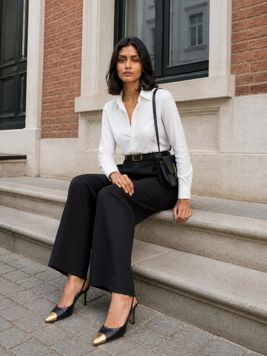 Saint laurent white shirt black wide leg trousers