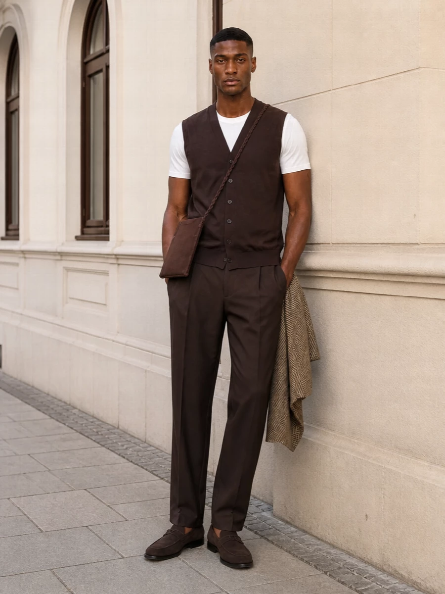 John smedley brown vest tailored trousers outfit