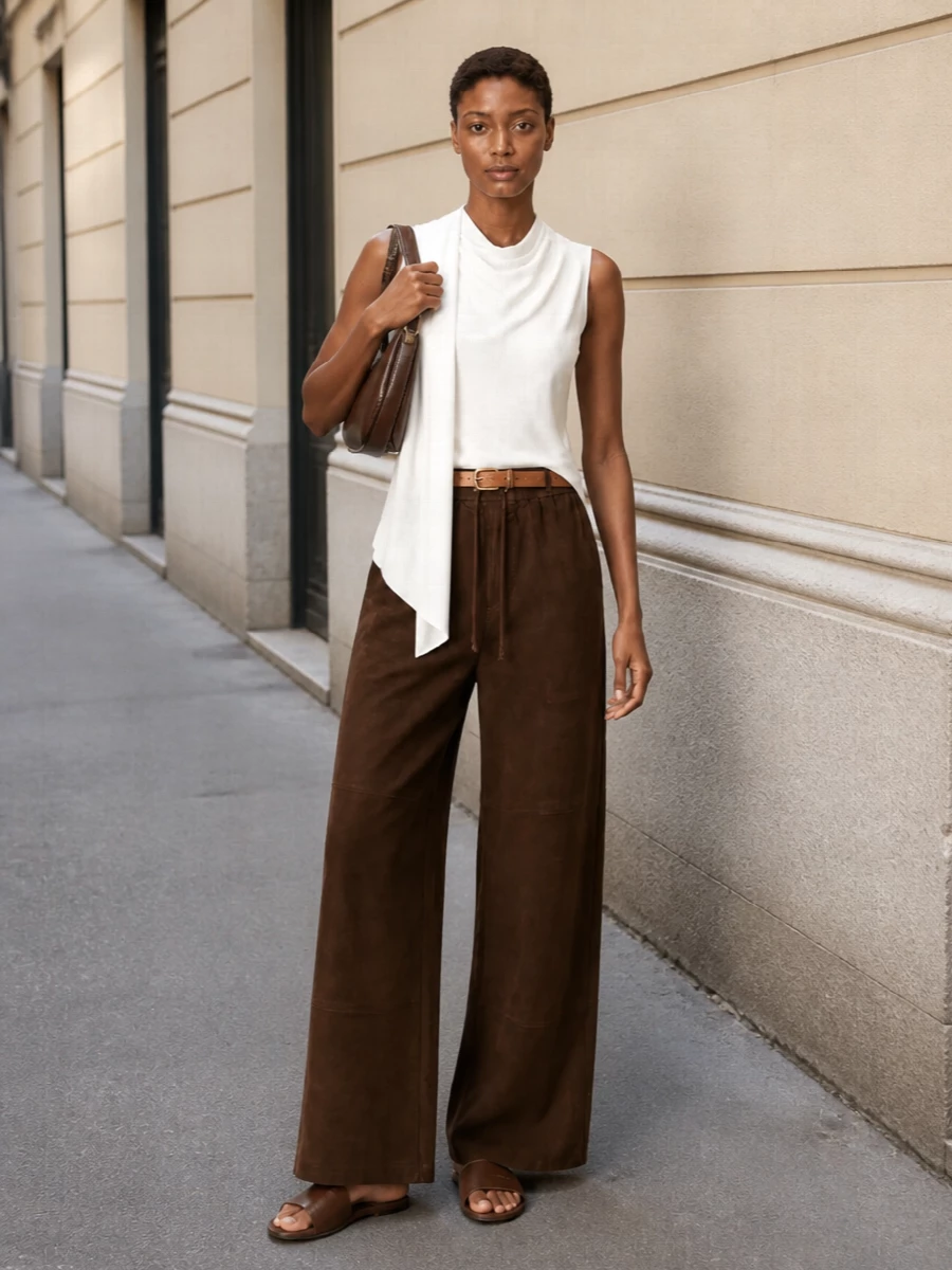 Parosh chocolate wide leg trousers white draped top