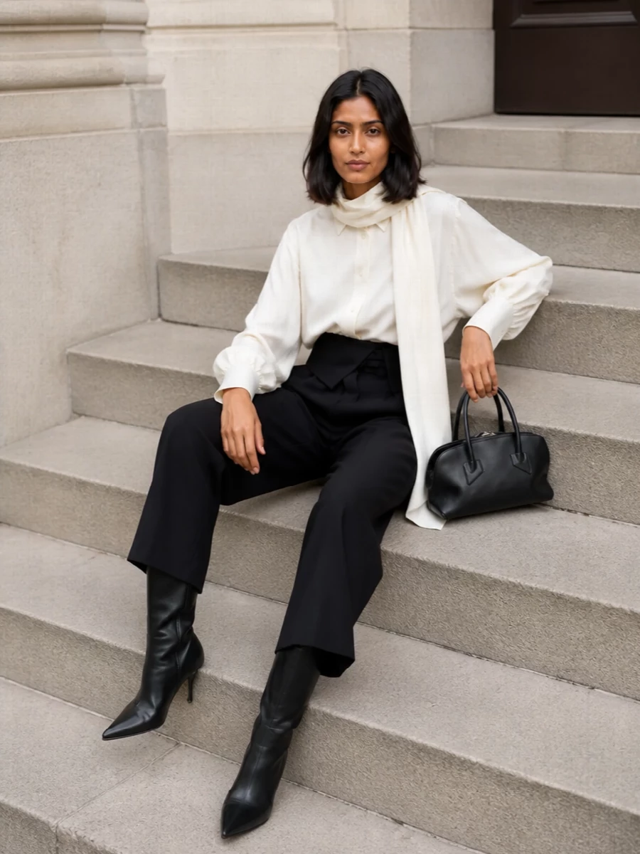 Attico ivory shirt black wide leg trousers outfit