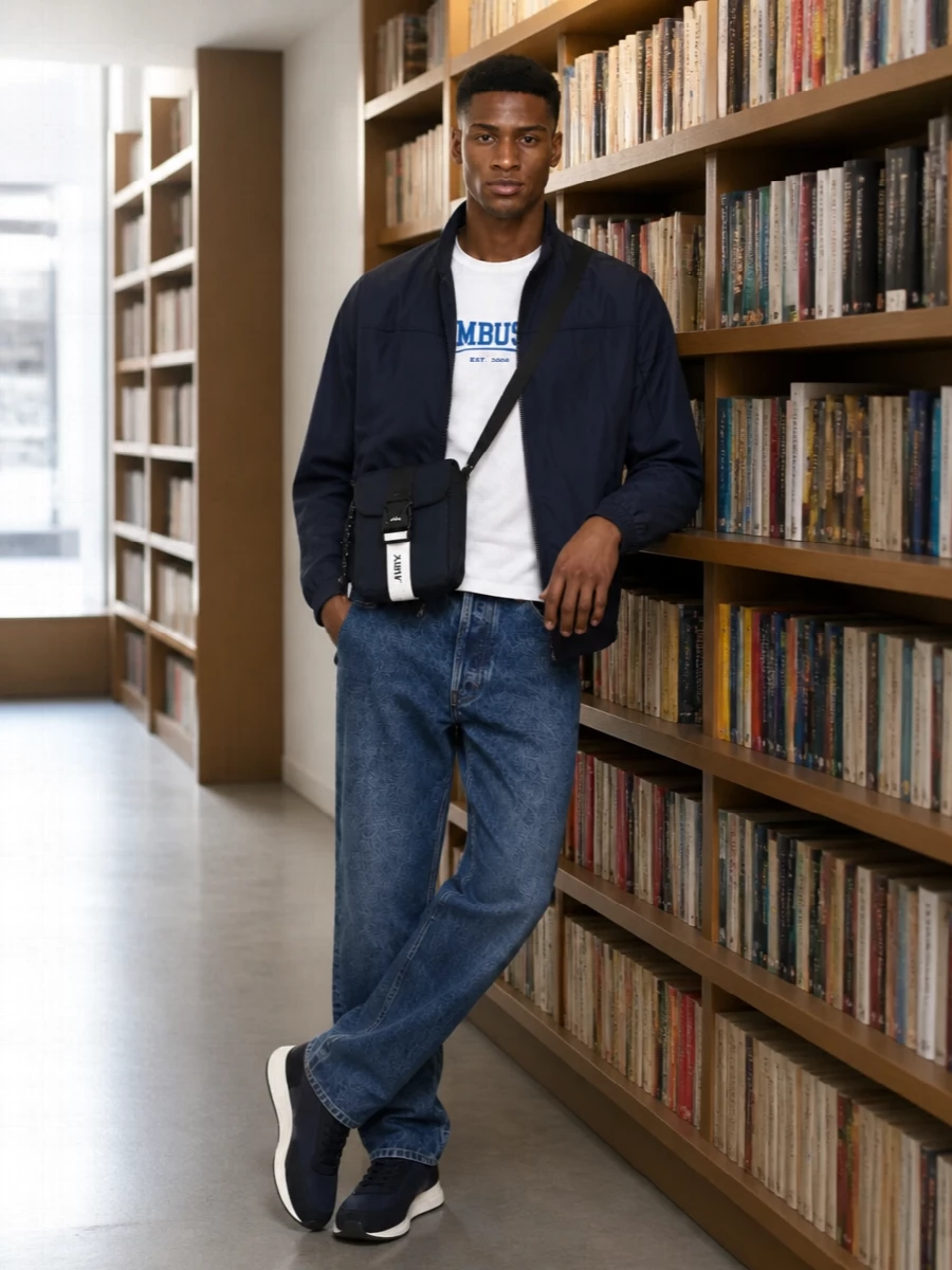 Ambush bomber jeans navy boss sneakers outfit