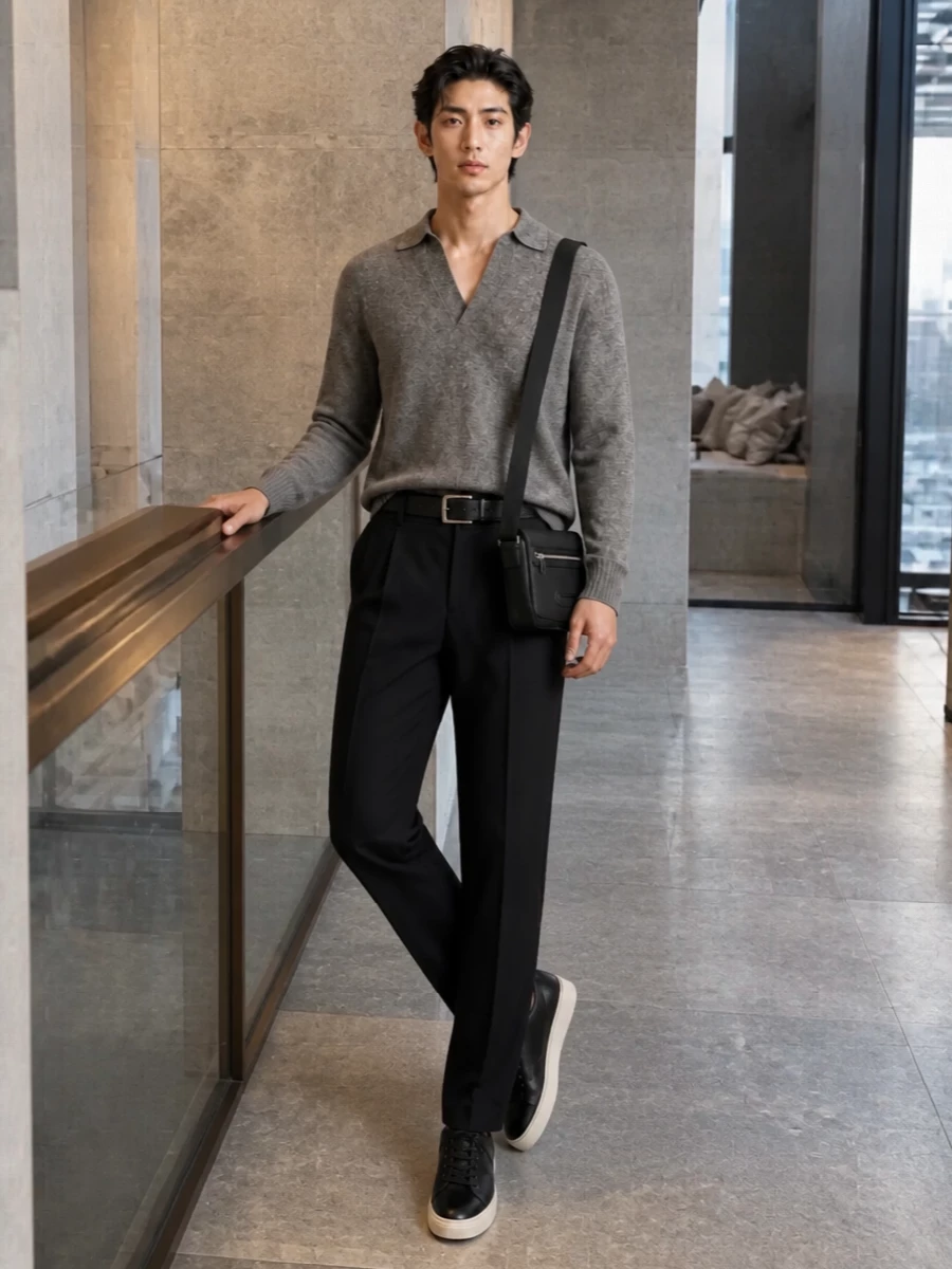 Tom ford grey sweater black pleated trousers outfit