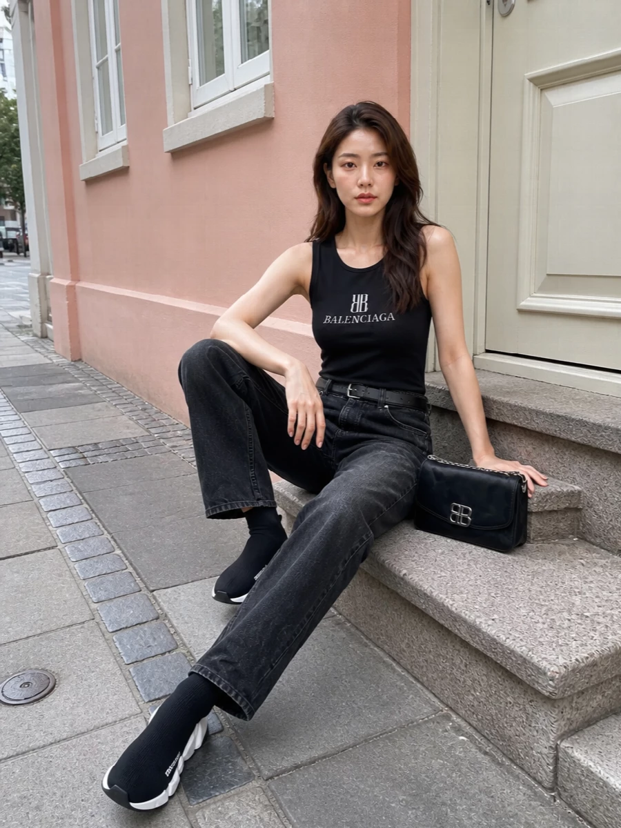 Balenciaga logo tank black jeans sock sneakers