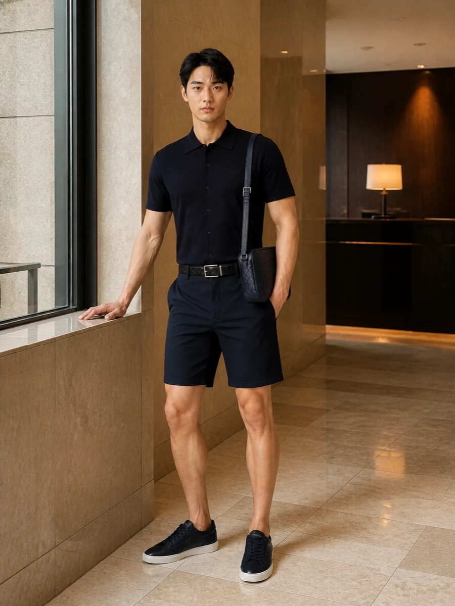 Prada navy deck shorts knit polo summer outfit